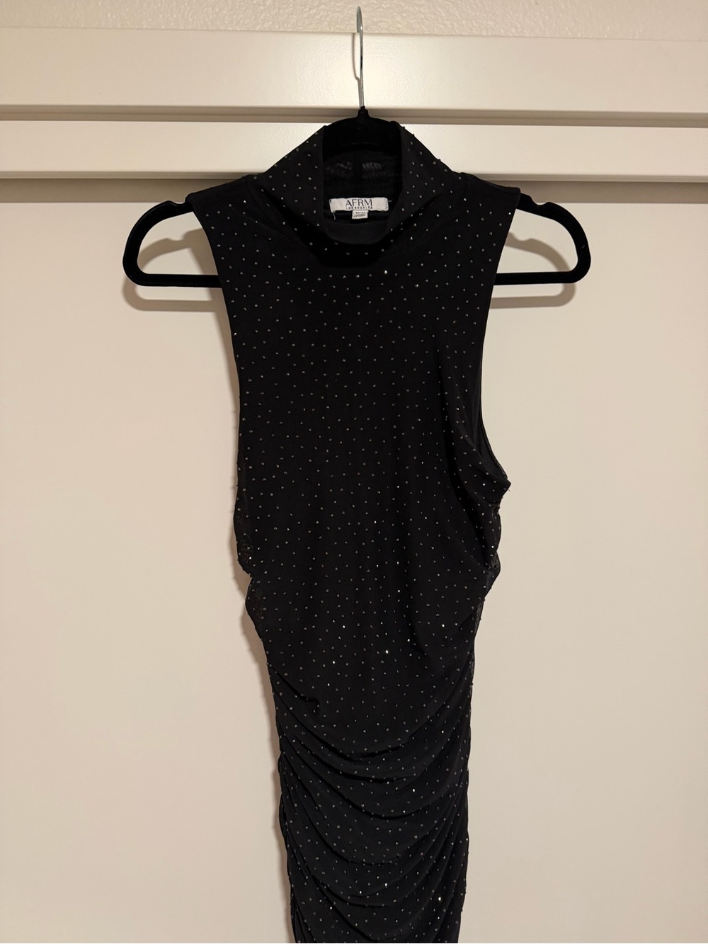 AFRM Black Sleeveless High-Neck Ruched Dress with Sparkles